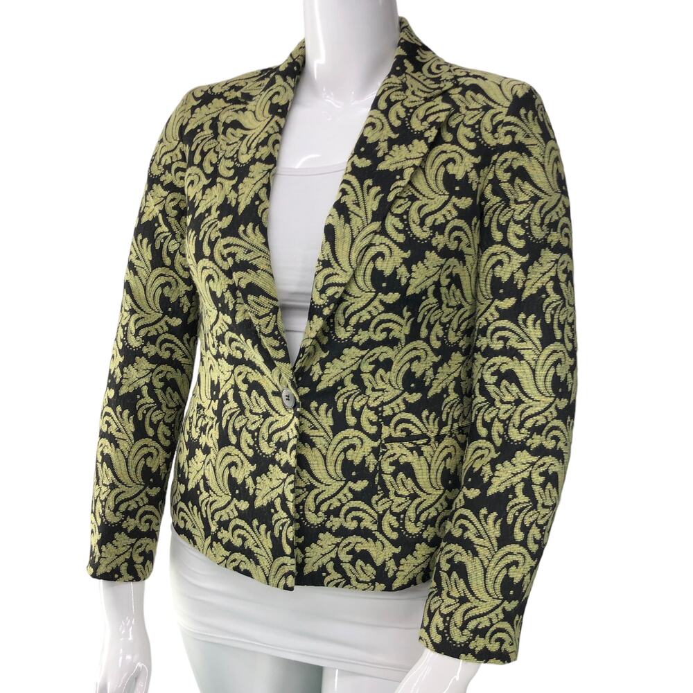 Andre Oliver Womens Sz 10 Jacket Blazer Lime Green Black Damask Tapestry Paisley